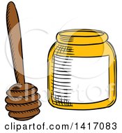 Clipart Of A Sketched Honey Jar And Dipper Royalty Free Vector Illustration