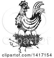 Poster, Art Print Of Black And White Woodcut Hen On Top Of A Nest