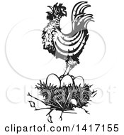 Poster, Art Print Of Black And White Woodcut Rooster Crowing On Top Of A Nest