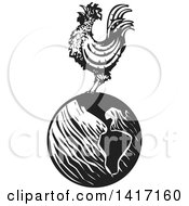 Clipart Of A Black And White Woodcut Rooster Crowing On Top Of Earth Royalty Free Vector Illustration