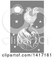 Poster, Art Print Of Woodcut Rooster Crowing On Top Of Earth On Gray