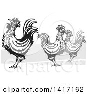 Poster, Art Print Of Woodcut Rooster Crowing By Hens