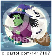 Poster, Art Print Of Halloween Witch Flying On A Broom Stick Against A Full Moon With Bats