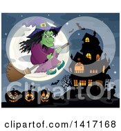 Poster, Art Print Of Halloween Witch Flying On A Broom Stick Over Jackolanterns By A Haunted House