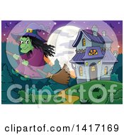 Poster, Art Print Of Halloween Witch Flying On A Broom Stick Near A Haunted House