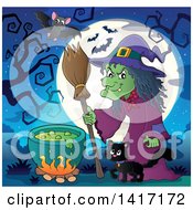 Poster, Art Print Of Halloween Witch And Her Cat Near A Cauldron