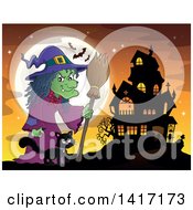 Poster, Art Print Of Halloween Witch And Her Cat Near A Haunted House