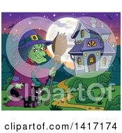 Clipart Of A Halloween Witch And Her Cat Near A Haunted House Royalty Free Vector Illustration by visekart
