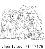 Poster, Art Print Of Black And White Lineart Group Of Halloween Witches Around A Cauldron