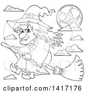 Poster, Art Print Of Black And White Lineart Halloween Witch Flying On A Broom Stick