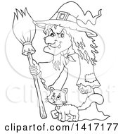 Poster, Art Print Of Black And White Lineart Halloween Witch And Cat