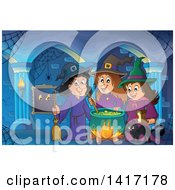 Poster, Art Print Of Group Of Halloween Witches And A Cat Around A Cauldron In A Hallway