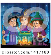 Poster, Art Print Of Group Of Halloween Witches And A Cat Around A Cauldron In The Woods
