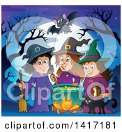 Poster, Art Print Of Group Of Halloween Witches And A Cat Around A Cauldron Against A Full Moon
