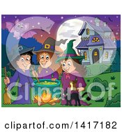 Poster, Art Print Of Group Of Halloween Witches And A Cat Around A Cauldron Near A Haunted House
