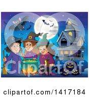 Poster, Art Print Of Group Of Halloween Witches And A Cat Around A Cauldron Near A Haunted House