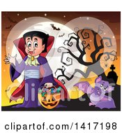 Poster, Art Print Of Halloween Dracula Vampire Or Kid In A Costume With Bats Against A Full Moon