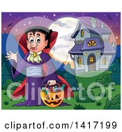 Poster, Art Print Of Halloween Dracula Vampire Or Kid In A Costume Near A Haunted House
