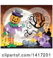 Poster, Art Print Of Halloween Pumpkin Headed Jack Man And Bat In A Cemetery