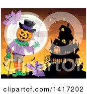 Poster, Art Print Of Halloween Pumpkin Headed Jack Man Waving Near A Haunted House