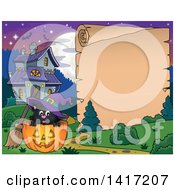 Poster, Art Print Of Halloween Witch Cat In A Jackolantern Next To A Scroll Sign And Haunted House