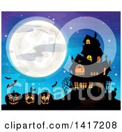 Poster, Art Print Of Haunted House With Bats And Halloween Jackolantern Pumpkins Against A Full Moon