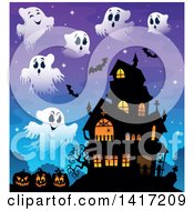 Poster, Art Print Of Haunted House With Bats Ghosts And Halloween Jackolantern Pumpkins