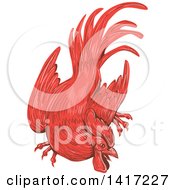 Clipart Of A Sketched Red Rooster Crouching Royalty Free Vector Illustration