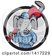 Poster, Art Print Of Retro Cartoon Elephant Man Plumber Holding A Giant Monkey Wrench Emerging From A Black White And Gray Circle