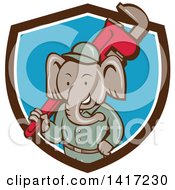Poster, Art Print Of Retro Cartoon Elephant Man Plumber Holding A Giant Monkey Wrench Emerging From A Brown White And Blue Shield