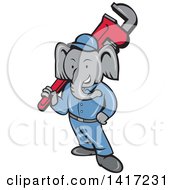 Poster, Art Print Of Retro Cartoon Elephant Man Plumber Holding A Giant Monkey Wrench