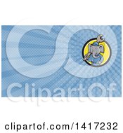 Clipart Of A Retro Cartoon Elephant Man Mechanic Holding A Giant Spanner Wrench And Blue Rays Background Or Business Card Design Royalty Free Illustration