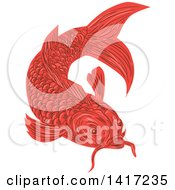 Poster, Art Print Of Sketched Red Swimming Koi Fish