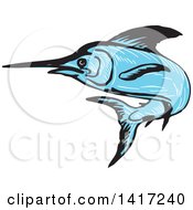 Poster, Art Print Of Sketched Blue Marlin Fish Leaping