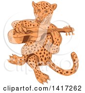 Poster, Art Print Of Sketched Jaguar Cat Playing A Guitar