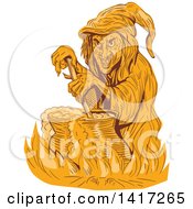 Poster, Art Print Of Sketched Orange Witch Stirring Her Brew In A Cauldron