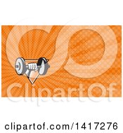 Clipart Of A Retro Bodybuilders Hand Holding A Dumbbell And Orange Rays Background Or Business Card Design Royalty Free Illustration