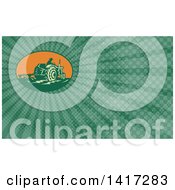 Clipart Of A Retro Farmer Operating A Plowing Tractor And Green Rays Background Or Business Card Design Royalty Free Illustration