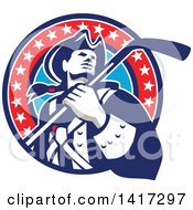 Poster, Art Print Of Retro American Revolutionary Patriot Soldier Holding A Hockey Stick In A Circle