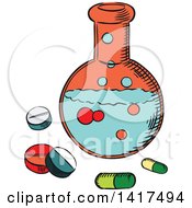 Poster, Art Print Of Sketched Science Flask And Pills