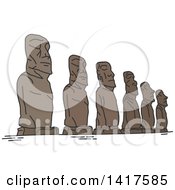 Sketched Landmark Statues Of Easter Island Moai Statues