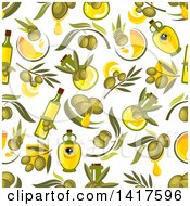 Clipart Of A Seamless Background Pattern Of Green Olives And Oil Royalty Free Vector Illustration