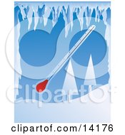 Thermometer With Snow Covered Trees And Icicles Clipart Illustration