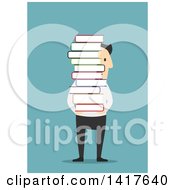 Poster, Art Print Of Flat Design Caucasian Business Man Carrying A Stack Of Books On Blue