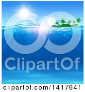 Poster, Art Print Of Silhouetted Tropical Island Under A Sunny Sky With Blue Ocean Water