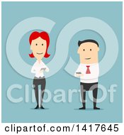 Poster, Art Print Of Flat Design Caucasian Business Man And Woman Using Smart Phones On Blue