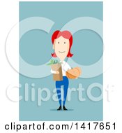 Poster, Art Print Of Flat Design Woman Holding Groceries On Blue