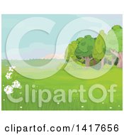 Clipart Of A Meadow Landscape With Wild Lilies And Trees Royalty Free Vector Illustration