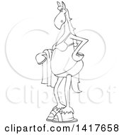 Clipart Of A Cartoon Black And White Lineart Horse Wearing A Bikini And Holding A Towel Royalty Free Vector Illustration