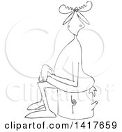 Clipart Of A Cartoon Black And White Lineart Moose Sitting Cross Legged On A Log Royalty Free Vector Illustration